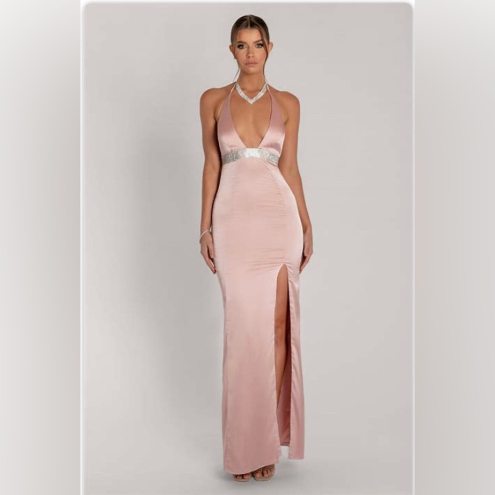 BNWT - MESHKI Kailey Halter Diamanté Trim Maxi Dress